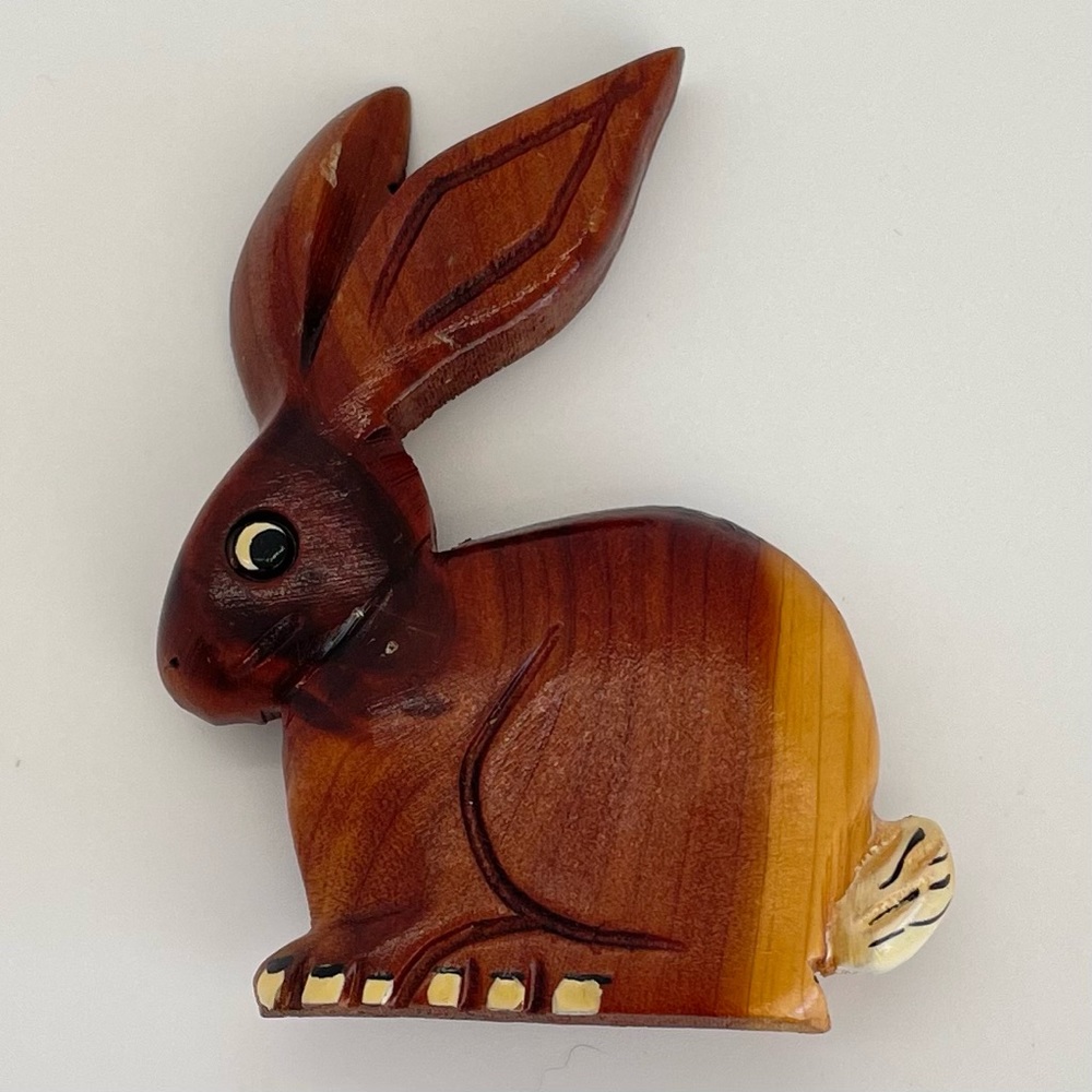 Vintage Wooden Carved Bunny Rabbit Brooch